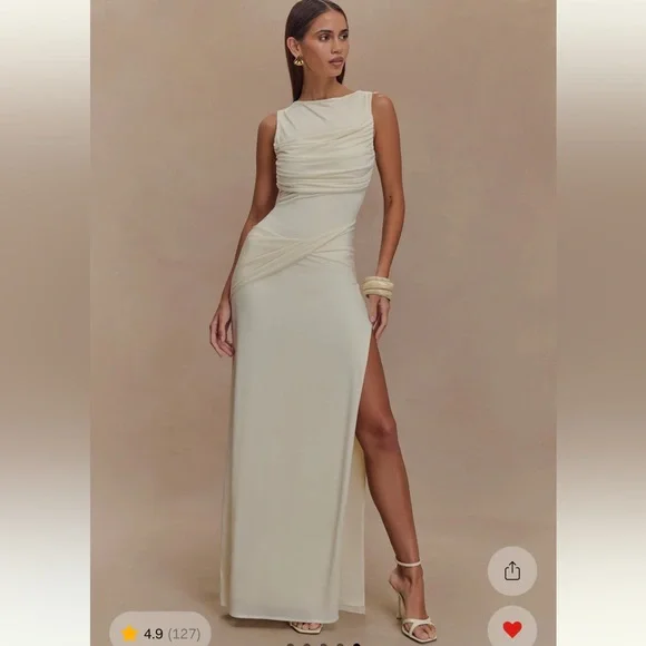 MESHKI Henley Slinky Drape Maxi Dress - Ivory Elegant Cream Evening Gown - Picture 5 of 7